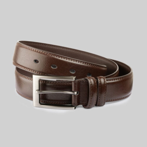 Derby strap - brown leather belt with stitching and brushed grey buckle